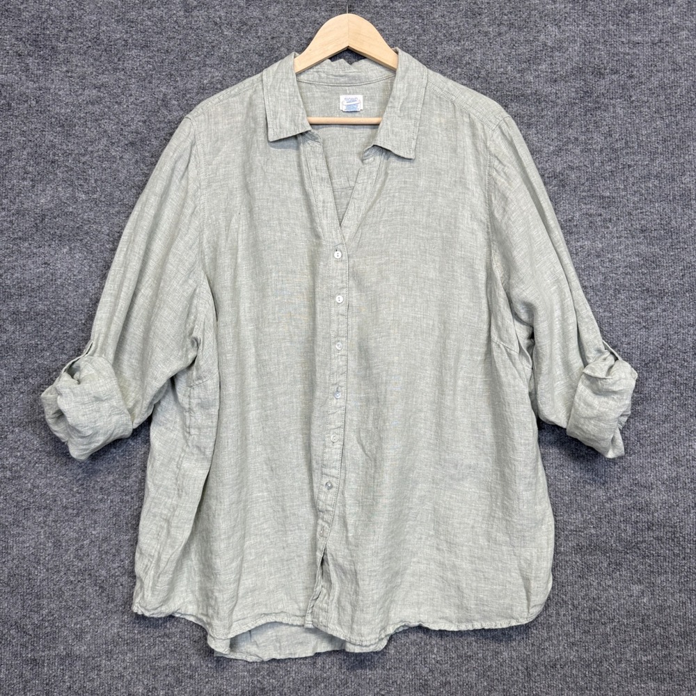 Sigrid Olsen Plus Sz 3X Tunic Shirt Green Linen Coastal Vacation Roll Tab Sleeve